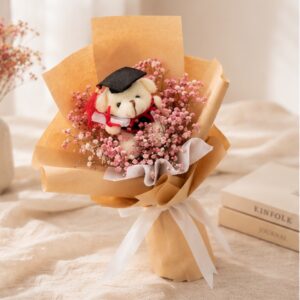 A bundle of dried baby’s breath with a mini graduation bear! Suitable for both guys and girls. Red dried baby's breath wrapped in rustic brown kraft paper with white ribbon. Topped off with a graduation bear in either white or brown!