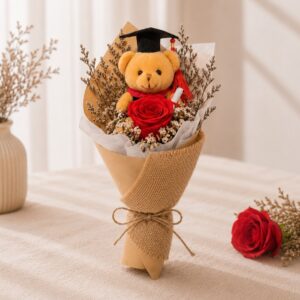 A graduation bouquet featuring a plush graduation bear, preserved red rose, and rustic dried florals! Warm, charming, and made to be treasured long after graduation day.