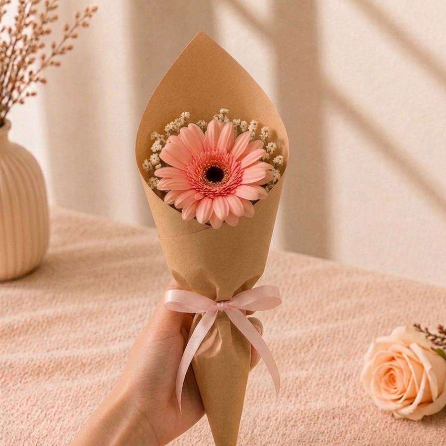 Fresh pink gerbera with white limonium, wrapped in cone-style with rustic brown kraft paper
