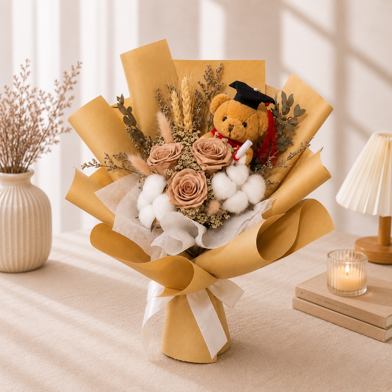 A graduation bouquet featuring a graduation bear, preserved blush pink roses, and rustic dried florals! Soft, elegant, and a heartfelt keepsake for celebrating their special day.