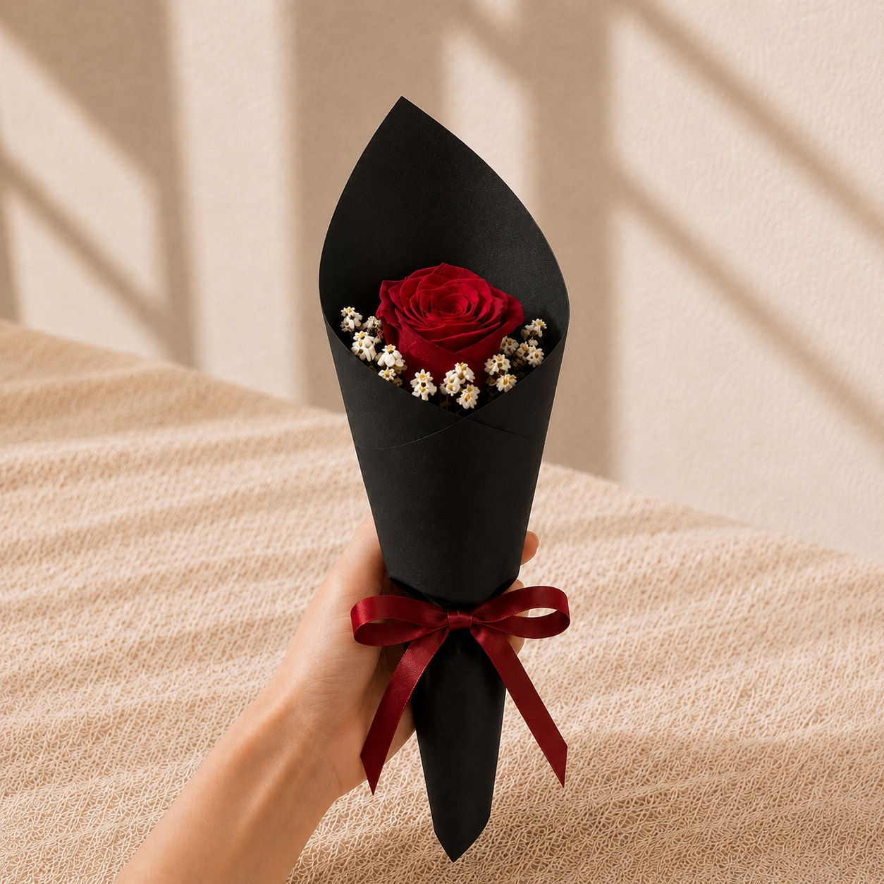 Single-stalk fresh rose, accompanied with fresh white limonium, wrapped cone-style with classic matte black wrapping paper